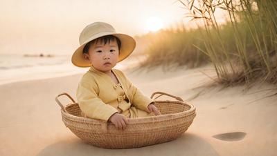The primary subject of the image is a small child sitting in a woven basket. The setting is a beach, with the child wearing a hat and a yellow outfit. The visual style is a photo, capturing the child's playful moment. The colors and mood of the image are warm and inviting, with the child's yellow outfit and the beach's natural elements creating a cheerful atmosphere.
